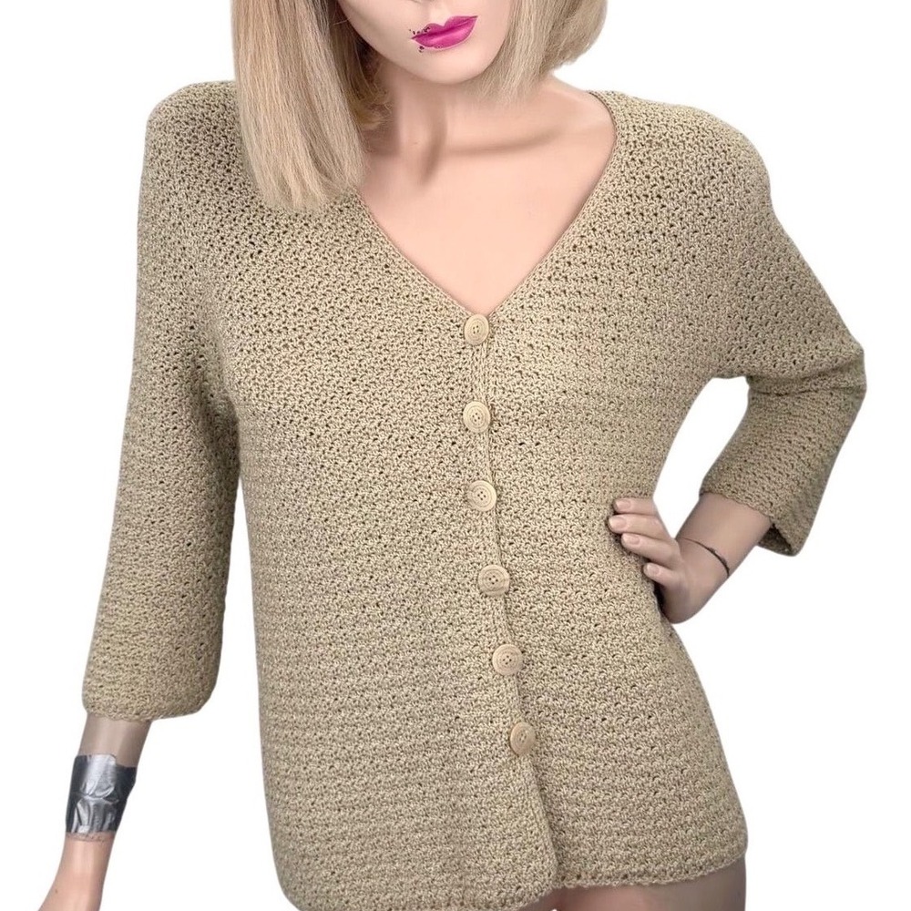 Vintage Handmade Crochet Cardigan Tan Button Front Vneck Old Money Retro  S/M